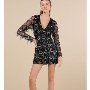 New Lush Black Sequin Fringe Cocktail Party Dress Sheer long sleeve size S NWT